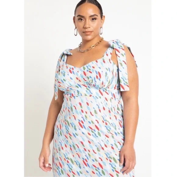 Eloquii Tie Strap Geometric Polka Dot Midi Dress Blue - Picture 7 of 7